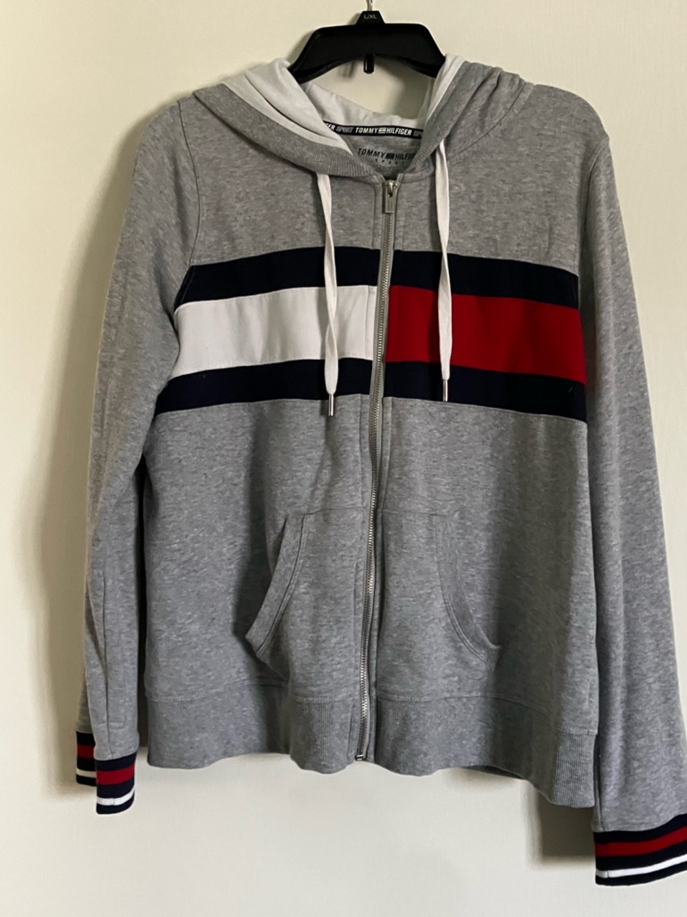 Tommy Hilfiger Gray Zip Hoodie with Navy, White & Red Stripes